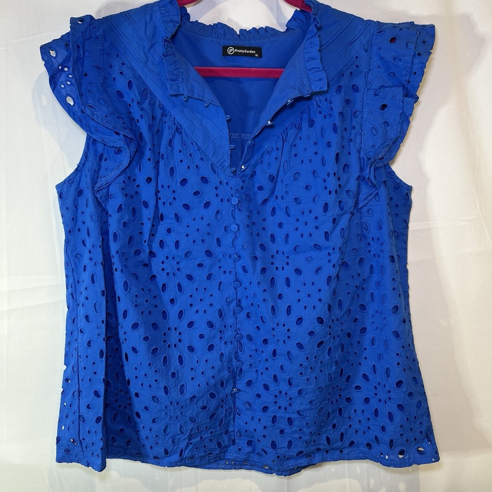 Pretty Garden Women's XL Blue‎ Eyelet Flutter Sleeves Ruffled Cottagecore Blouse